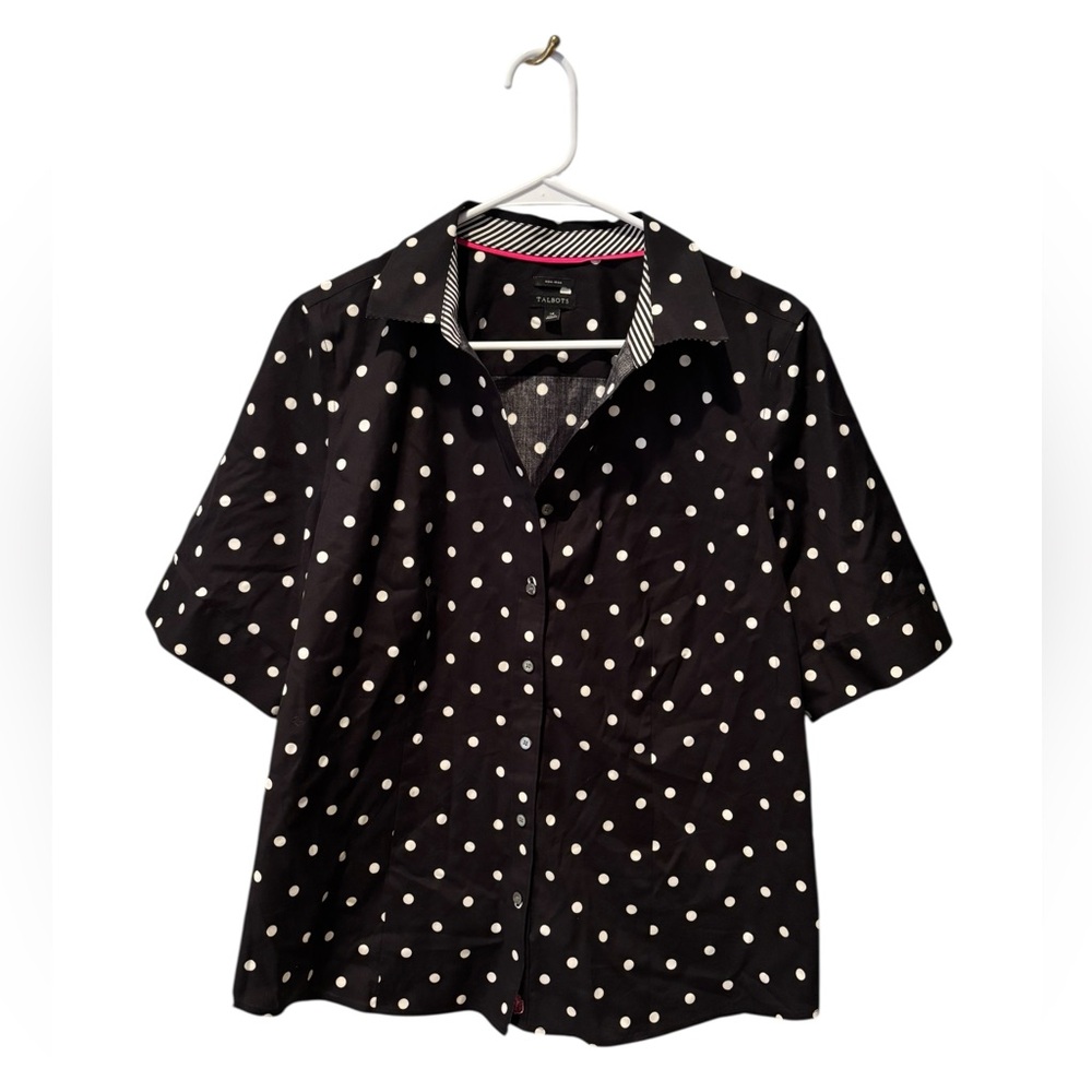 Talbots Black White Polka Dot Button Front Shirt Non Iron Size 14